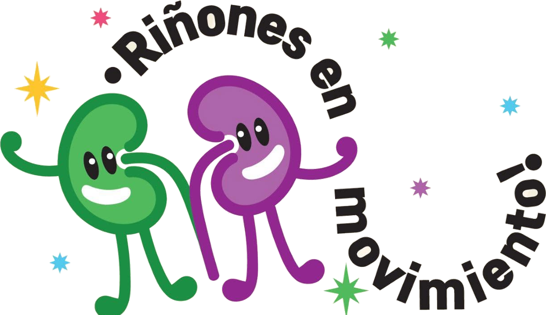 Logotipo ¡Riñones en movimiento! con los dos riñones caricatura verde y morado